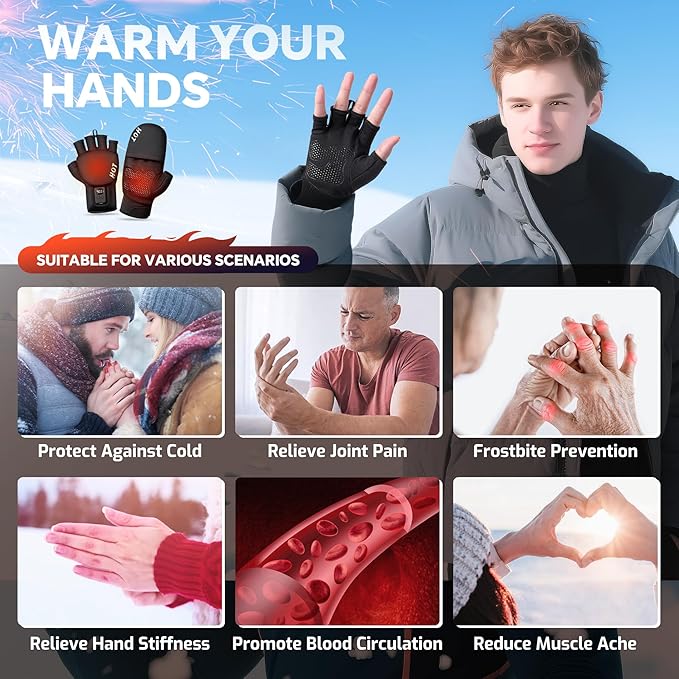 Heated Gloves for Men Women- Rechargeable Electric Full & Half Hands Electric Heated Gloves Cold Winter Work Arthritis Pain Relief Hot Compress Hand Warmers for Snow Cycling Skiing Hunting
