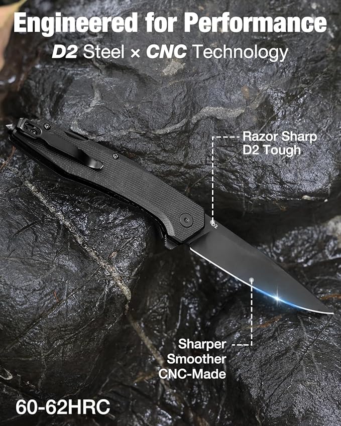 MOSSY OAK Folding Pocket Knife with Clip, 3.5" D2 Steel Blade G10 Handle, Small EDC Knife with Glass Breaker, Rope Cutter, Bottle Opener, Screwdrivers for Camping, Survival, Hiking, Outdoor Use