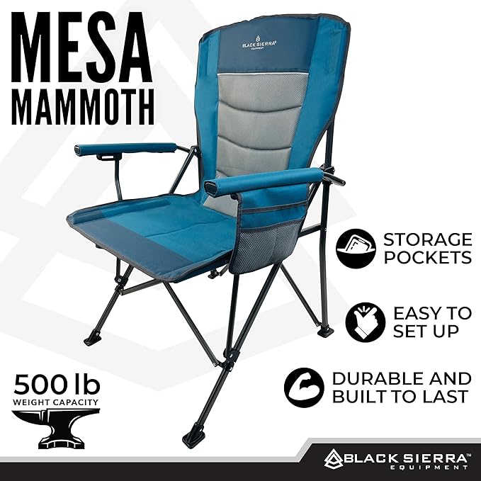 Black Sierra Oversize Camping Chair for Adults Supports 500 lbs, XL Heavy Duty Hard Arm Folding Chair, Steel Frame Durable Padded Outdoor Seat, Portable Fold Up Chair w/Cup Holder and Storage Bag