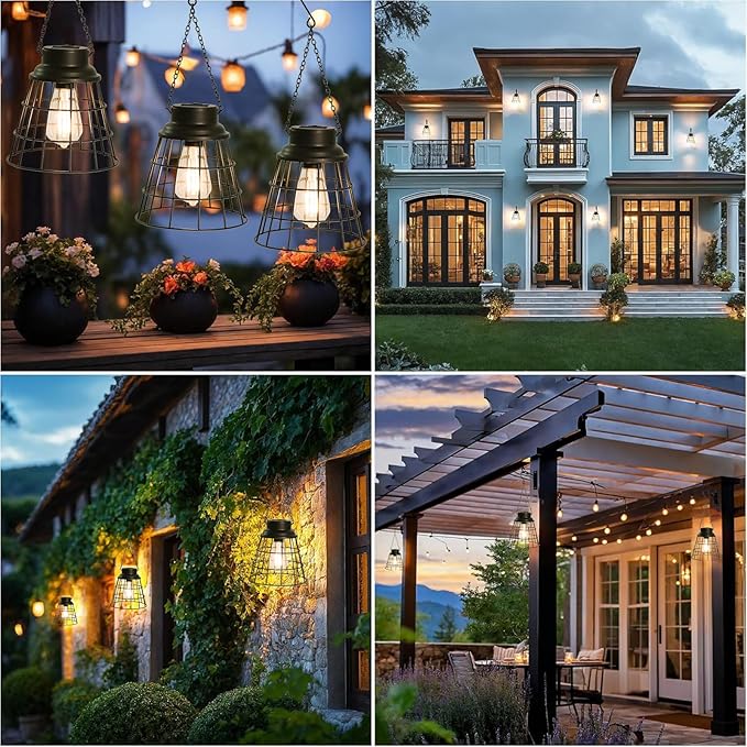 2 Pack Solar Lanterns Outdoor Waterproof , Metal Cage Design with Replaceable LED Bulb, Waterproof Vintage Decorative Light for Patio, Garden, and Yard (5.9" x 6.1", Black)
