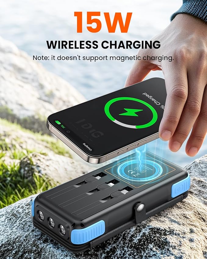 SOARAISE Solar Charger 25000mAh/92500mWh Wireless Portable Charger, 20W Fast Charging Power Bank with Built-in 3 Cables, PD QC 3.0 Phone Battery Pack with 4 Solar Panels & Flashlights for Camping