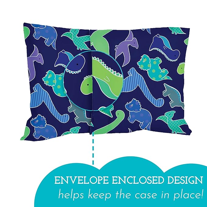 Little Sleepy Head Youth Pillow with Pillowcase 16x22, Soft Jumbo Toddler Pillow & Hypoallergenic Pillowcase - Best Kids Pillows for Sleeping, Perfect Kids Travel Pillow (Dinosaurs Blue)