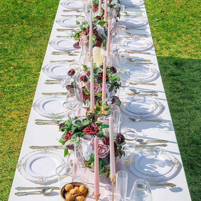 Nervure 350PCS Gold Plastic Dinnerware - White and Gold Disposable Plates for 50 Guests - 100 White Disposable Plates, 150 Plastic Silverware, 50 Cups, 50 Napkins for Wedding & Party & Thanksgiving