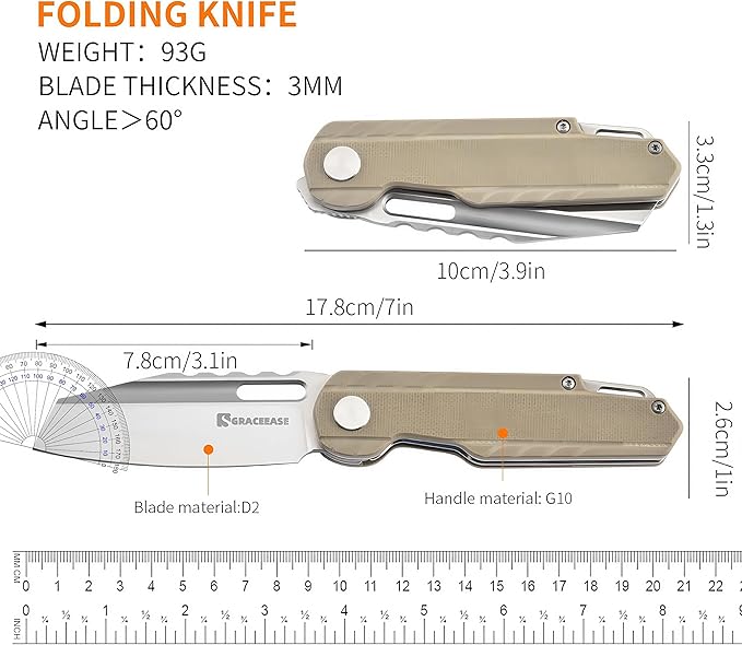 Folding Pocket Knife, 3.34 "D2 Steel BladeBlade G10 Non slip Handle Suitable for Daily Carrying Camping, Hiking, Fishing A-80003-2 (Khaki)