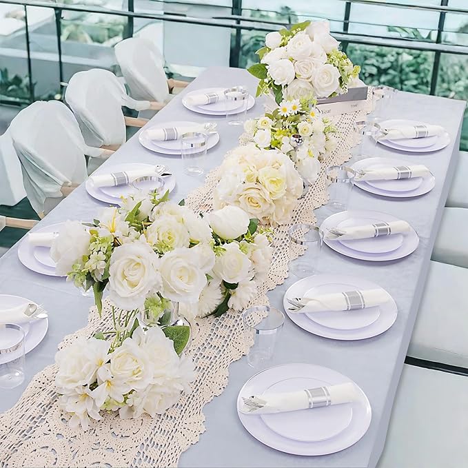 KIRE 350 PCS Plastic Dinnerware Set for 50 Guests, Silver Plastic Plates Include 50 Dinner, 50 Dessert Plates, 50 Pre Rolled Napkins with Silverware, 50 Cups for Wedding, Party, Banqet, Gathering