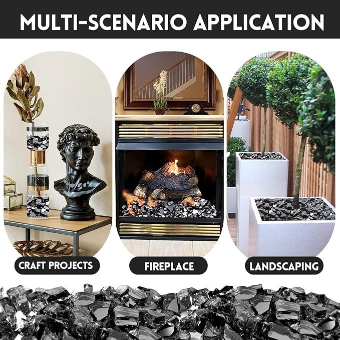 10 Pounds Fire Glass 1/2 Inch High Reflective Tempered Firepit Glass Rocks for Fireplace, Fire Pit Table, Fire Bowl and Landscaping (Onyx Black)