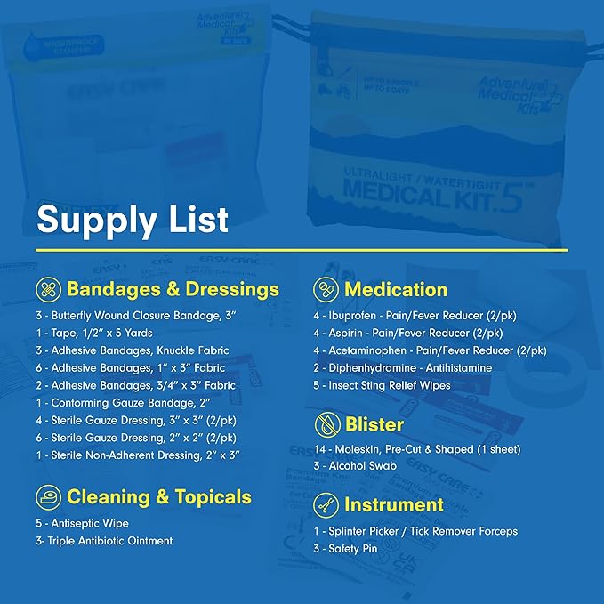 Adventure Medical Kit Ultralight/Watertight Medical Kit .5 - Up to 2 People, Up to 2 Days - Includes Bandages, Blister Essentials & More - Perfect for Hiking, Biking & Climbing