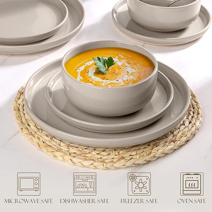 LIANYU Ceramic Dinnerware Sets for 6, 18 Piece Dish Dinner Set for Dessert Salad Pasta, Stoneware Kitchen Dining Plates and Bowls, Chip & Scratch Resistant, Milky Brown