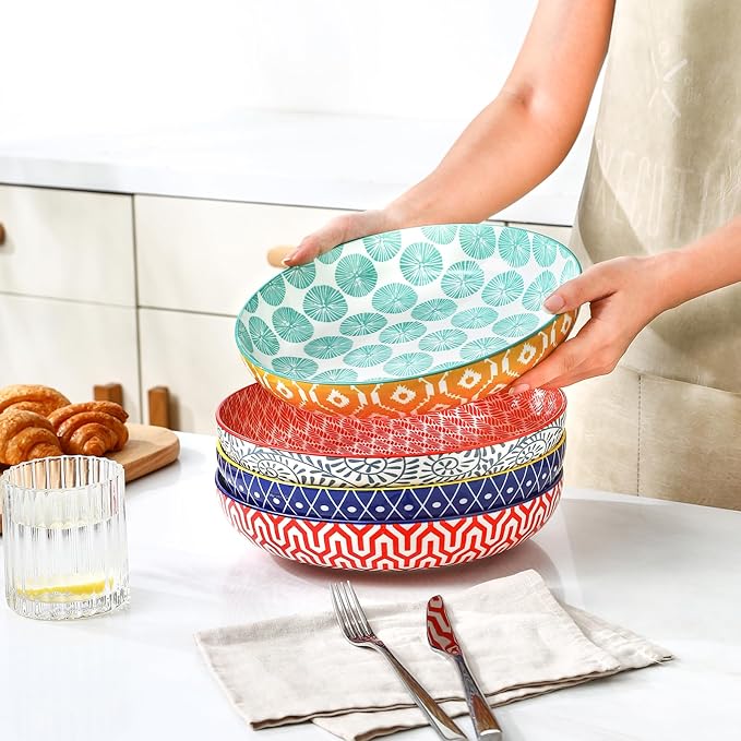 Selamica 9.6" Pasta Bowls Set of 4, 51 OZ Large Salad Bowls, Ceramic Wide and Shallow Serving Bowls for Soup, Dinner, Microwave & Dishwasher Safe, Assorted Colors