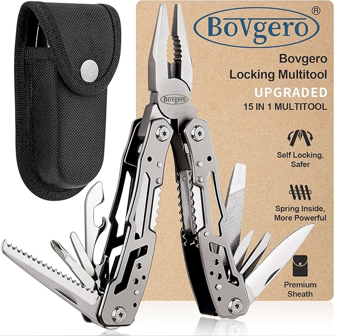Self Locking Multitool Plier, 15 in 1 Handmade Multi Tool Plier with Nylon Sheath, Spring Inside Multi-tool, Birthday Christmas Father's Day Gift for Men Women Him Her Husband Boyfriend