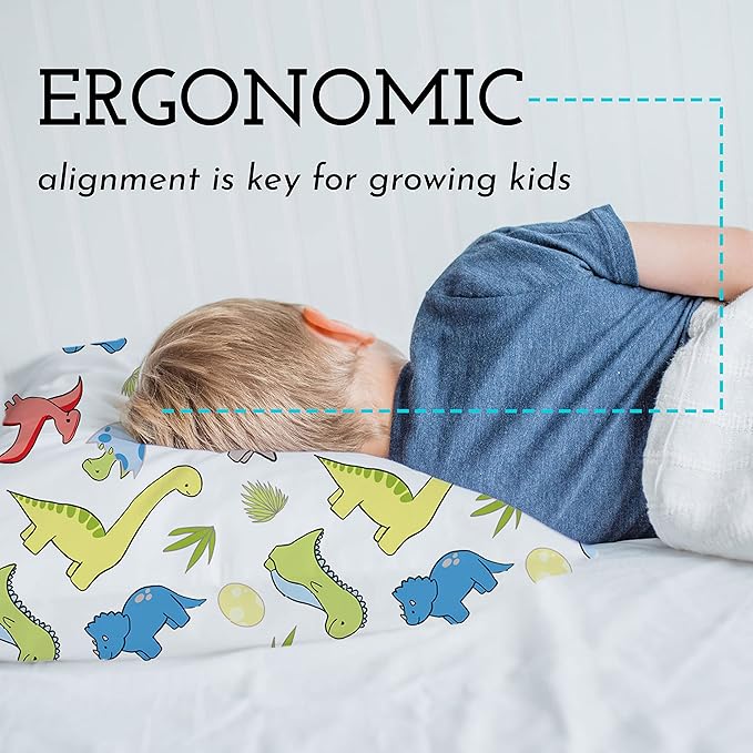 Little Sleepy Head Youth Pillow with Pillowcase 16x22, Soft Jumbo Toddler Pillow & Hypoallergenic Pillowcase - Best Kids Pillows for Sleeping, Perfect Kids Travel Pillow (Dinosaurs White)
