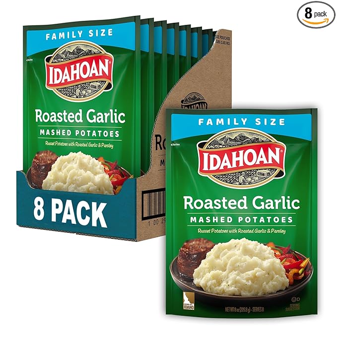 Idahoan Roasted Garlic Mashed Potatoes, Naturally Gluten-Free, 100% Real Idaho Potatoes, 8 servings per bag, 8 ounce (Pack of 8)