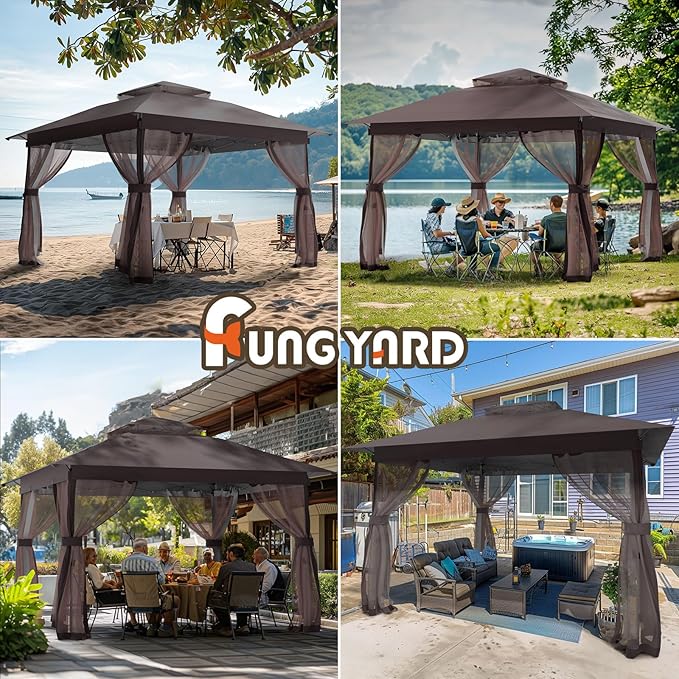 Pop Up Gazebo 11x11 - Outdoor Canopy Tent with Mosquito Netting & Wheeled Carry Bag, Double Roof Gazebos for Backyard Party Garden Wedding Camping (Brown, 11x11)