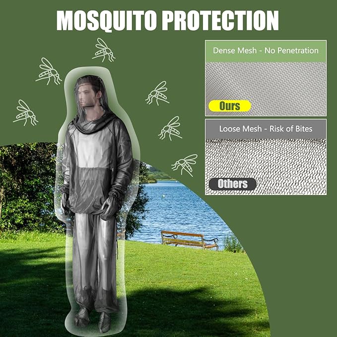 HOMEYA Net Suit XXL, Netting with Jacket Hoodie & Pants, Mittens & Socks, Lightweight Fine Mesh Full Body Clothing for Men & Women, for Camping, Hunting, Hiking, Fishing with Free Carry Pouch