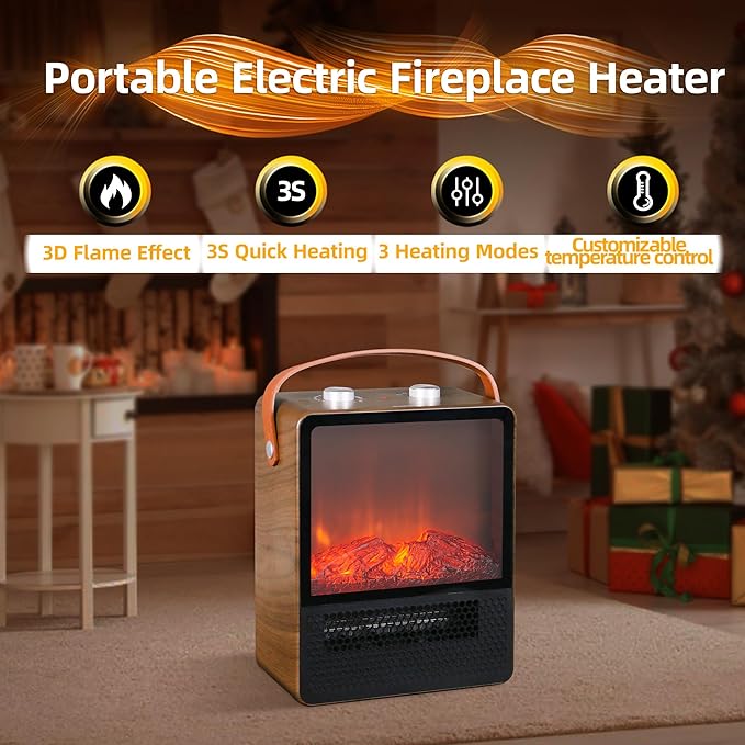 RealSmart Small Electric Fireplace 1500W Space Portable Heater for Indoor Use 4 Adjustable Modes Ceramic Mini Fireplace 3D Realistic Flame Overheating Safety Protection