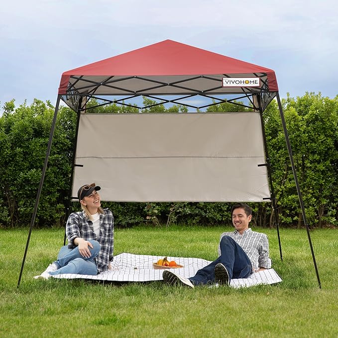 VIVOHOME 8x8ft Pop-Up Canopy Tent with Central Lock Design, Slant Legs, Backpack, and Side Wall, Portable Shelter for Camping, Party, Yard, and Beach Events, Red