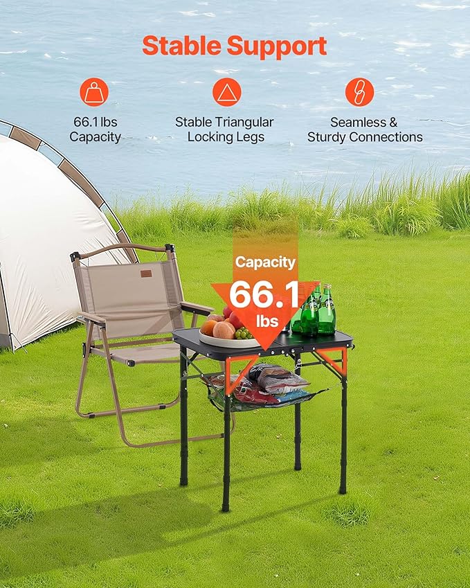 VEVOR Folding Camping Table, Adjustable Height Portable Side Tables, Aluminum MDF Beach Table with Mesh Layer, Carrying Handle, Lightweight Compact for Outdoor Picnic BBQ Cooking (24inch-Black)