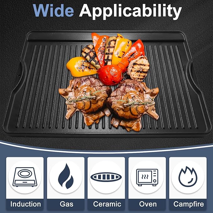 Criditpid Flat Griddle Top Plate Replacement Parts for Gas Stove, Charcoal, Electric, Propane, Gas Grill, 16” x 24” 2-in-1 Reversible Pre-Seasoned Cast Iron Cooking Griddle for Camping Tailgating.