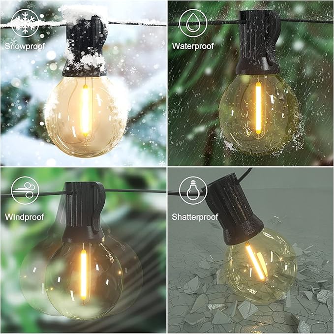Abeja Outdoor String Lights, 25Ft G40 Globe LED Patio Lights with 27 Edison Plastic Bulbs(2 Spare), Hanging Patio String Lights for Backyard Porch Balcony Party Decor, E12 Socket Base, Black