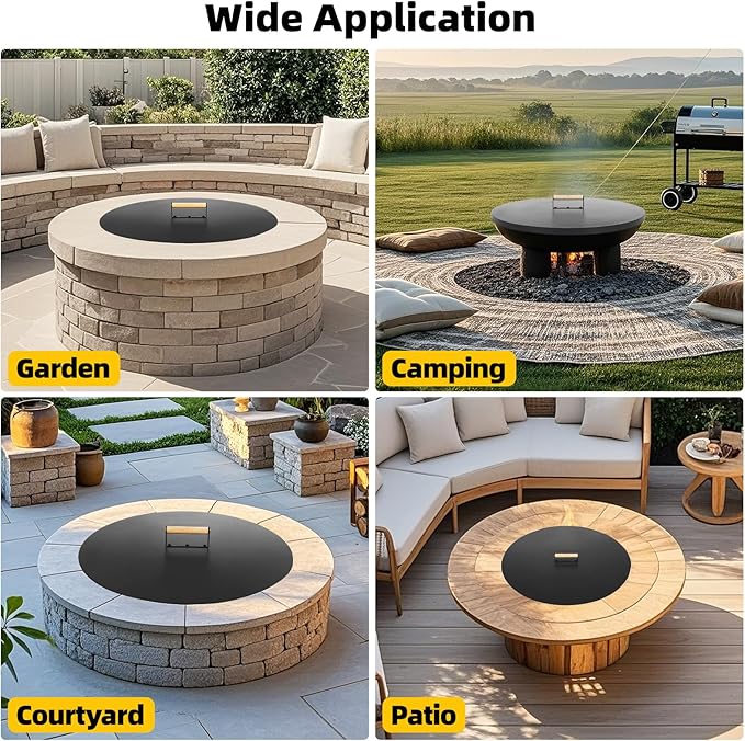 G GOOD GAIN Firepit Lid Round 30 Inch - Rust Resistant Fire Pit Lid Cover with Wooden Handle & Gloves, Fire Pit Snuffer Lid for Courtyards, Patio, Winter Cold Protection. Fits Fire Pits Up to 28"