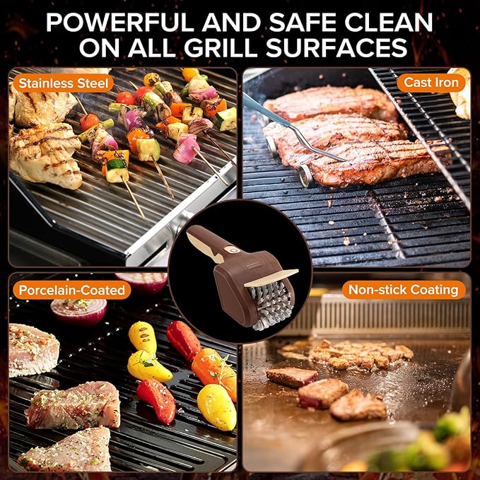 BBQ Grill Brush for Outdoor Grill, Cordless Electric Grill Cleaner with 700 RPM Stainless Steel Brush, Rechargeable Grill Cleaning Brush, Brown