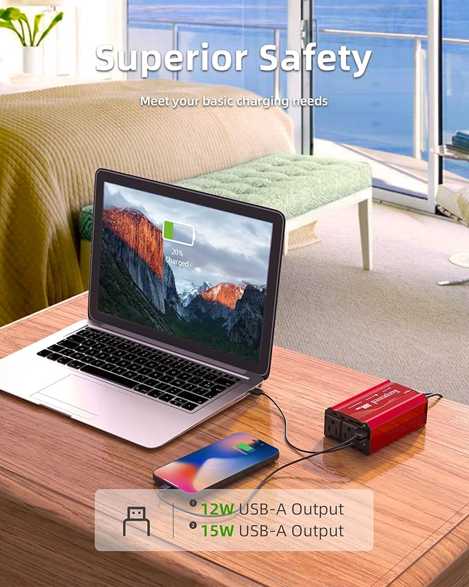 Power Inverter, Kunpeaved 300W Car Inverter DC 12V to 110V Charger Converter with Dual USB Ports and 2 AC Outlets for Air Compressor Laptops(Red)