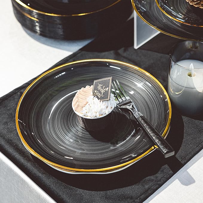 100PCS Transparent Black Gold Plastic Plates, 10 Inch Heavy Duty Disposable Dinner Plates with Gold Rim, Round Party Plates for Wedding, Party, Camping, Picnic, Birthday