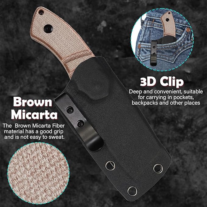KANSEPT Knives Korvid S Fixed blade Knife with 2.9''14C28N Blade Cleaver Brown Micarta Handle, Kydex Sheath for Everyday Carry G2030A4