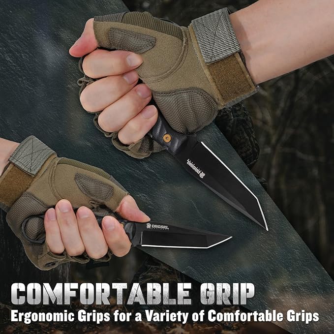 Tanto Fixed Blade Knife - Full Tang Survival Knives for Bushcraft, Camping Knives with Sheath, Black Knives Forged from a Single Piece of D2 Steel, Ideal Gift for Men