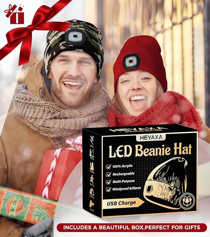 Unisex LED Beanie with Light, Rechargeable Headlamp Hat, Stocking Stuffers Christmas Gifts for Men, Warm Knitted Cap White Elephant Gifts for Dad Adults Teens Men Women Him