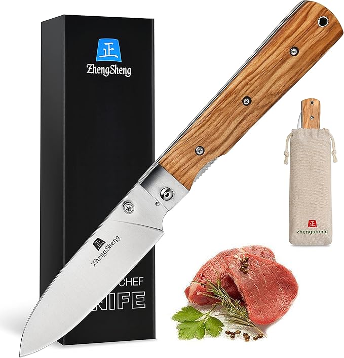 4.5-Inch Folding Kitchen Knife with Ultra Sharp 440A Stainless Steel Blade and Natural Olive Handle for BBQ, Peeling, Outdoor Camping