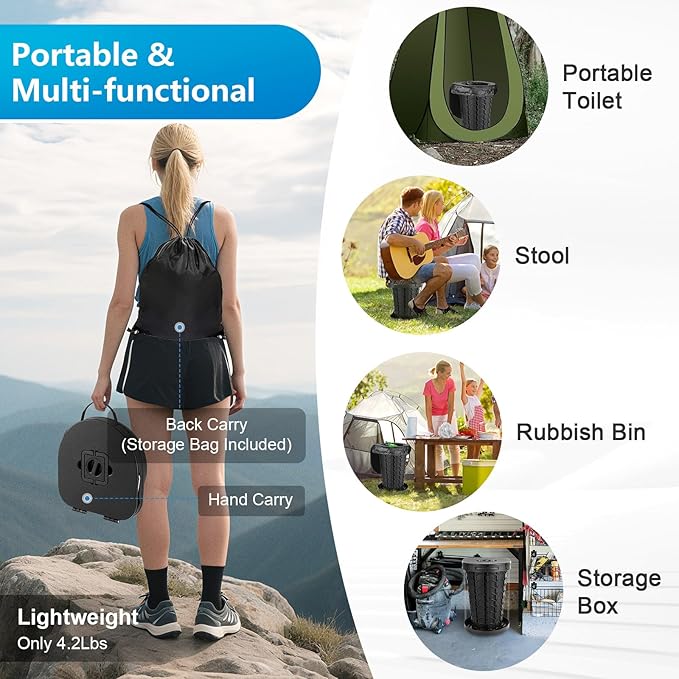 imodomio Retractable Portable Toilet Camping Toilet - Adjustable Height Camp Toilet Portable Potty for Camping, Car, Travel, Boat, Beach, Tent and Emergency Use