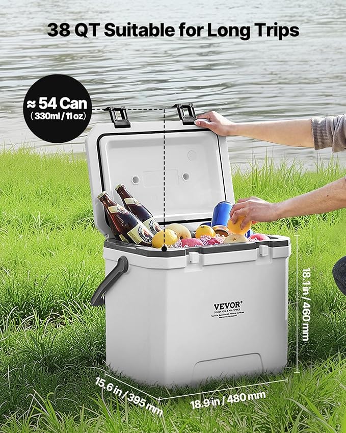 VEVOR Ultra-Light Hard Cooler, Ice Retention Cooler with Heavy Duty Handle, Ice Chest Lunch Box for Camping, Travel, Outdoor, Keeps Cool for up to 6 Days, 30% Lighter Than Rotomolded Coolers