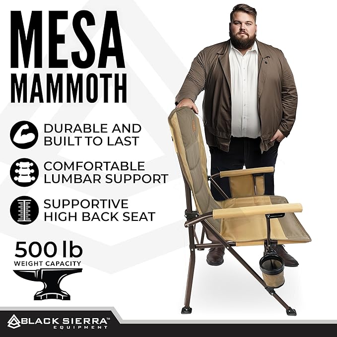 Black Sierra Oversize Camping Chair for Adults Supports 500 lbs, XL Heavy Duty Hard Arm Folding Chair, Steel Frame Durable Padded Outdoor Seat, Portable Fold Up Chair w/Cup Holder and Storage Bag
