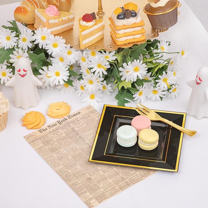 WDF 200PCS Black and Gold Plastic Dessert Plates with Plastic Forks -6’’ 100 Square Disposable Appetizer Plates Small Plate Cake Plate with Gold Rim for Halloween