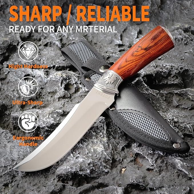 Hunting Knife with Sheath,5.28" Stainless Steel Blade,Camping Fixed Blade Knife with Pakkawood Wood Handle for Survival,Bushcraft,Fishing,Outdoor,Hiking
