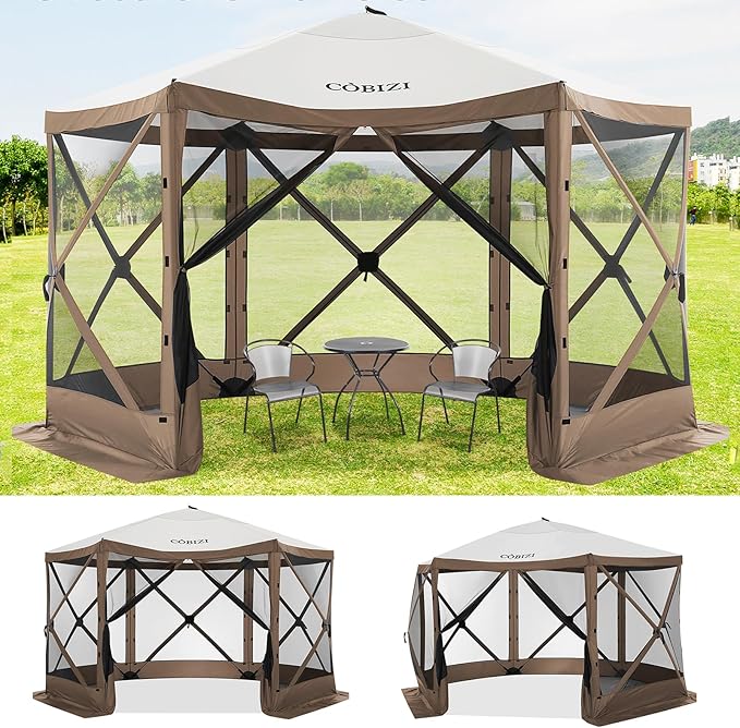 COBIZI 12x12ft Pop up Gazebo Screen Tent Screen House for Camping, Camping Outdoor Screened Gazebo with Mosquito Netting, Portable Hub Tent with Carrying Bag and Ground Stakes, Brown(Upgraded 2.0)
