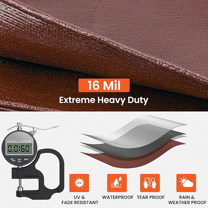 Tarp 8x10FT, 16 Mil Heavy Duty Waterproof Tarp, Large Multipurpose Cover with Brass Grommets and Reinforced Edges, UV Resistant Thick Poly Tarps for Outdoor Camping Tent Pool Car Tent