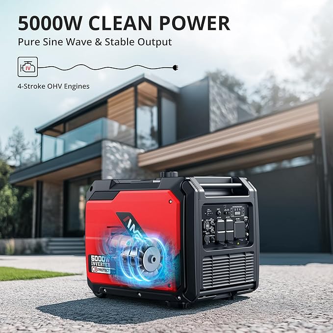 Portable Inverter Generator 5000W with CO Sensor, Super Quiet Gas Generator with RV Ready 30A Outlet, Wheels Handle Kit, Parallel Capable for Home Backup Emergency Use Camping, EPA Compliant