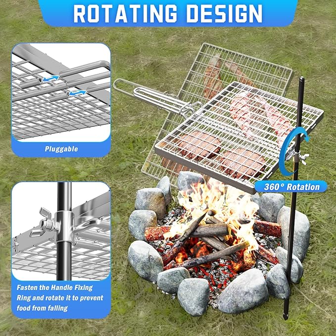 Swivel Campfire Grill Grate, 360°Adjustable Heavy Duty Steel Grate Camping Grill, Portable Camping Essentials, BBQ Over Fire Pit Grill, Fire Racks Cooking Equipment for Outdoor Open Flame Cooking