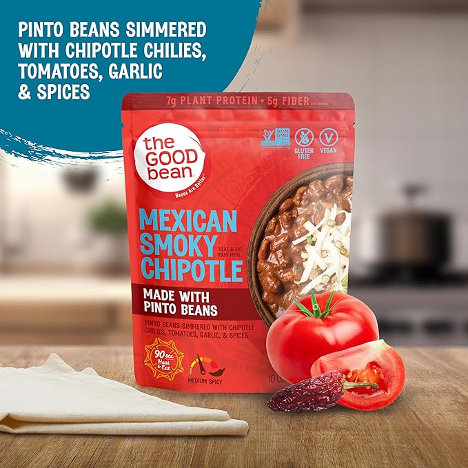 The Good Bean Heat and Eat Pouch - Mexican Smoky Chipotle - (4 Pack) 10 oz Pouch - Simmered Pinto Beans with Chipotle Chilies - Pre-Cooked Beans with Good Source of Plant Protein and Fiber