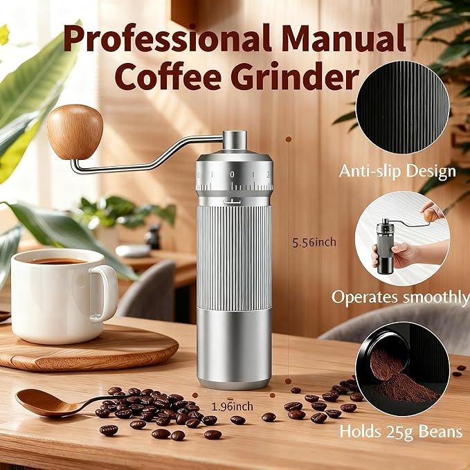 Manual Coffee Grinder by Suvykep — 6 Star Coffee Grinder Manual with 25g Capacity, CNC Stainless Steel Espresso Grinder with 55 Grind Settings — For Espresso, French Press, Pour Over (Silver)
