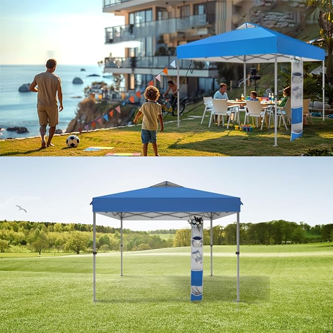 MFSTUDIO Pop Up Canopy Tent, 10x10 Outdoor Canopies One Push Setup Instant Portable Shelter Tens with Vented Top, Storage, 4 Sandbags, Beach Canopy,Blue