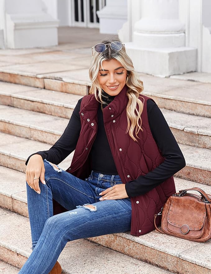 Zeagoo Puffer Vest Women Sleeveless Quilted Jacket Lightweight Snap Zip Up Stand-up Collar Down with Pockets Outerwear