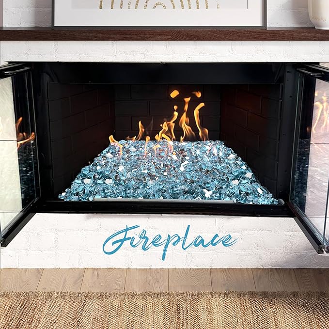 10 Pounds Fire Glass 1/2 Inch High Reflective Tempered Firepit Glass Rocks for Fireplace, Fire Pit Table, Fire Bowl and Landscaping (Aqua Blue)