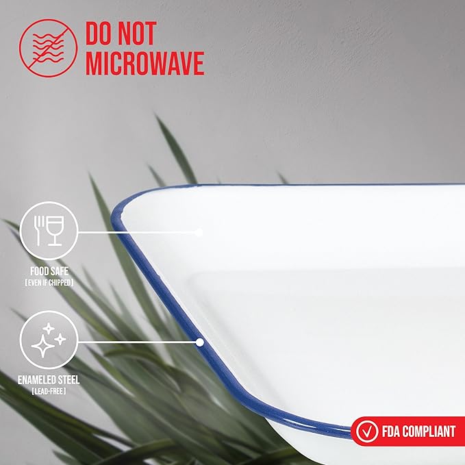 Red Co. 13.5” x 10” Enamelware Metal Classic 1.6-Quart Rectangular Serving Tray, Solid White/Navy Blue Rim