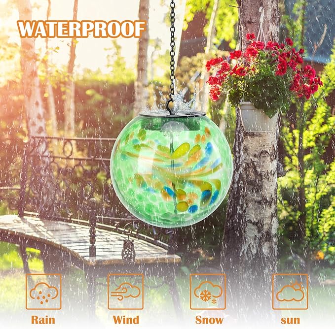 Solar Hanging Lanterns Outdoor Solar Glaze Glass Lantern Globe Hanging Outdoor Lights for Garden Yard Home Decoration Green