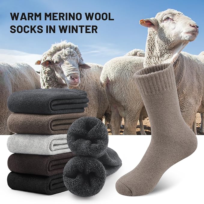 SIMIYA 5 Pairs Merino Wool Socks for Men, Thick Winter Wool Hiking Socks, Warm Breathable Crew Mens Socks