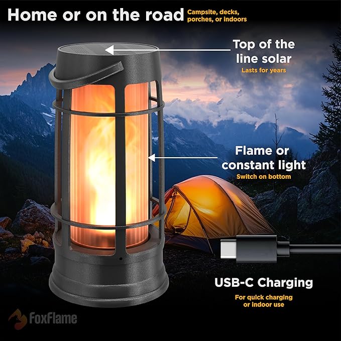 Metal Outdoor Solar Lantern, Flickering Solar Lanterns Outdoor Waterproof with Patented LED, Outdoor Lanterns for Porch, Patio, Garden, Tabletop, Hanging Use, Matte Black (2 Pack)