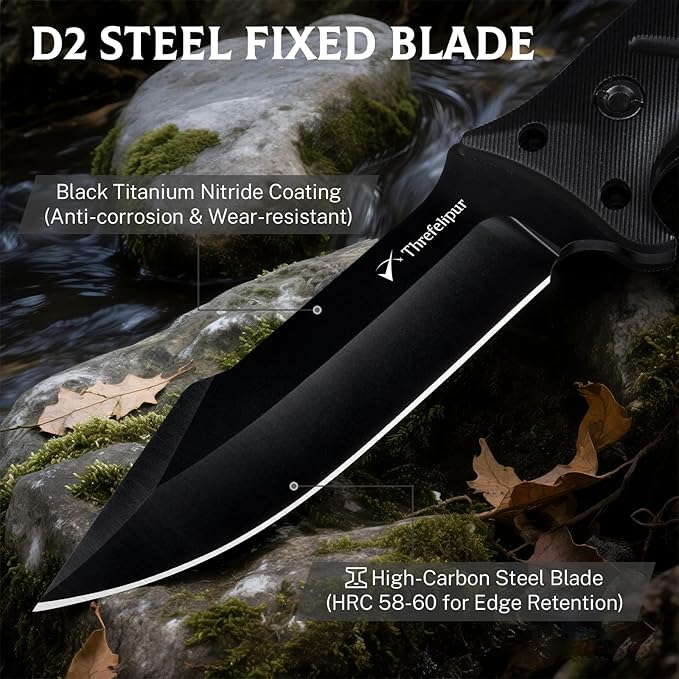 Camping Knife for Men, D2 Steel Fixed Blade Tactical Survival Knife with Sheath - Compact & Portable for Outdoor Hiking, Bushcraft, G10 Handle - Black